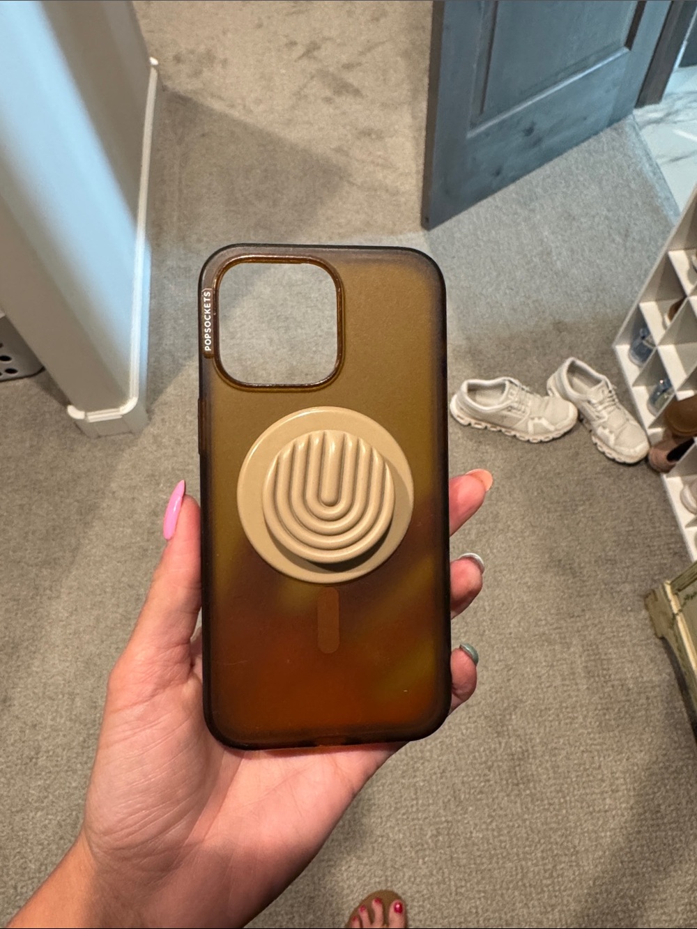 Popsocket Brown Transparent Phone Case with Beige Popsocket